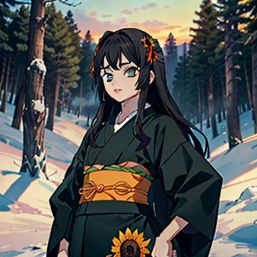 Uma garota com cabelo preto e bem curto um olho verde e o outro castanho um (Kimono Robe Demon Slayer sunflower print)(com uma Katana Nichirin) (best quality) (Snow covered forest with sunset)