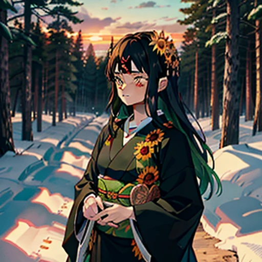 Uma garota com cabelo preto e bem curto um olho verde e o outro castanho um (Kimono Robe Demon Slayer sunflower print)(com uma Katana Nichirin) (best quality) (Snow covered forest with sunset)