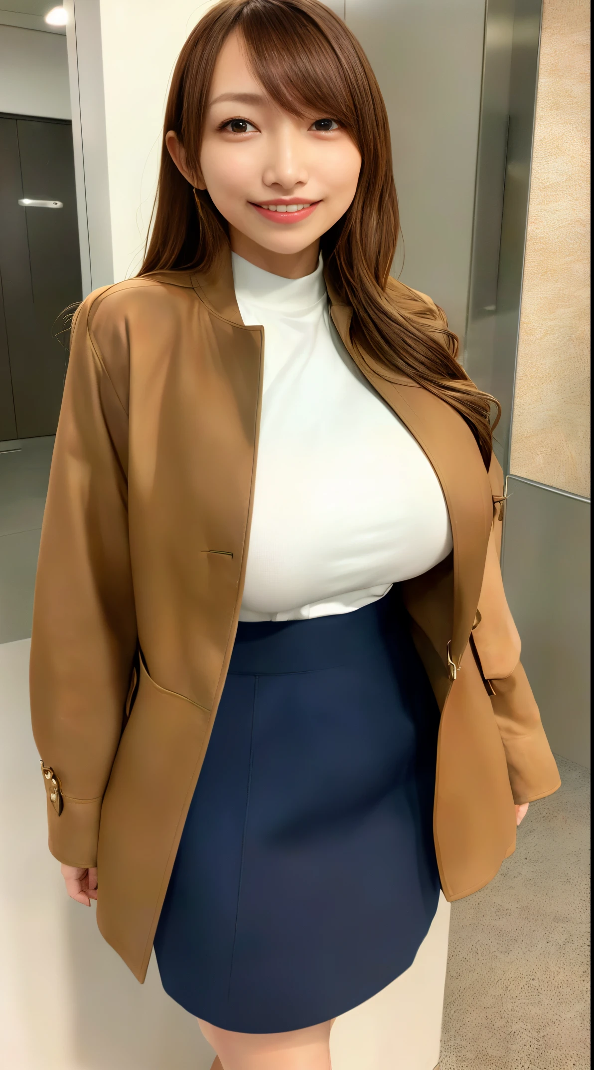 in 8K、超A high resolution、Best Quality、masuter piece、Photorealsitic、The ultra -The high-definition、(huge tit、Pretty big breasts、Hide all breasts、toned body:1.18)(Always office lady、Always wear a white shirt、Navy tight skirt and jacket、Office in a high-rise building:1.3)(Brown Longhair、A Japanese Lady、Super cute、Cute smile:1.28)Black Pin Heels