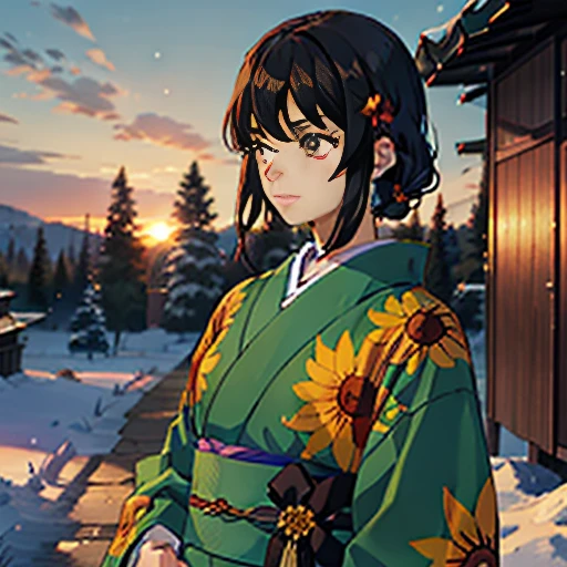 A girl with short black hair, one green eye and one brown eye, a (Kimono Robe Demon Slayer sunflower print), holding a Nichirin Katana. (best quality) (Snow covered forest with sunset)