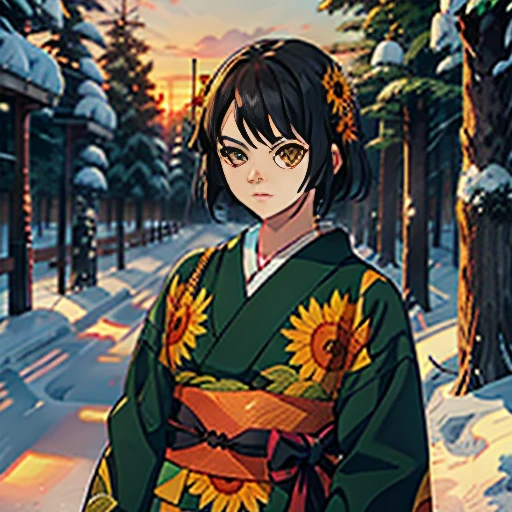 A girl with short black hair, one green eye and one brown eye, a (Kimono Robe Demon Slayer sunflower print), holding a Nichirin Katana. (best quality) (Snow covered forest with sunset)