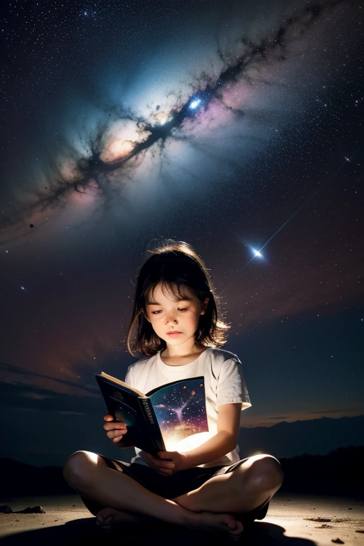 A little girl sits among the stars and reads a colorful shiny book, Rainbow colored cosmic nebula sky background, As estrelas, galaxias