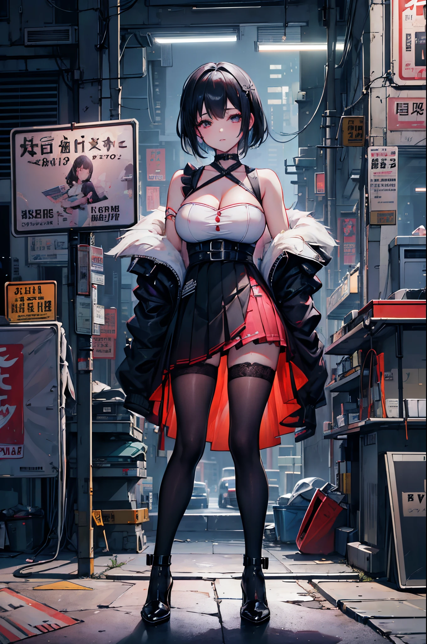 8k,Best quality at best, tmasterpiece, lamplight, actual, realistically, Amazing Cleavage, Larger file size, ultra - detailed, A high resolution, extremely detaild的 CG unified 8k wallpapers, Ray traching, High fashion woman in skirt,Corner store,like a dream_A WORLD,Posing against matching geometric background. She has stylish short black hair,Wear stylish cosmetics and accessories.
