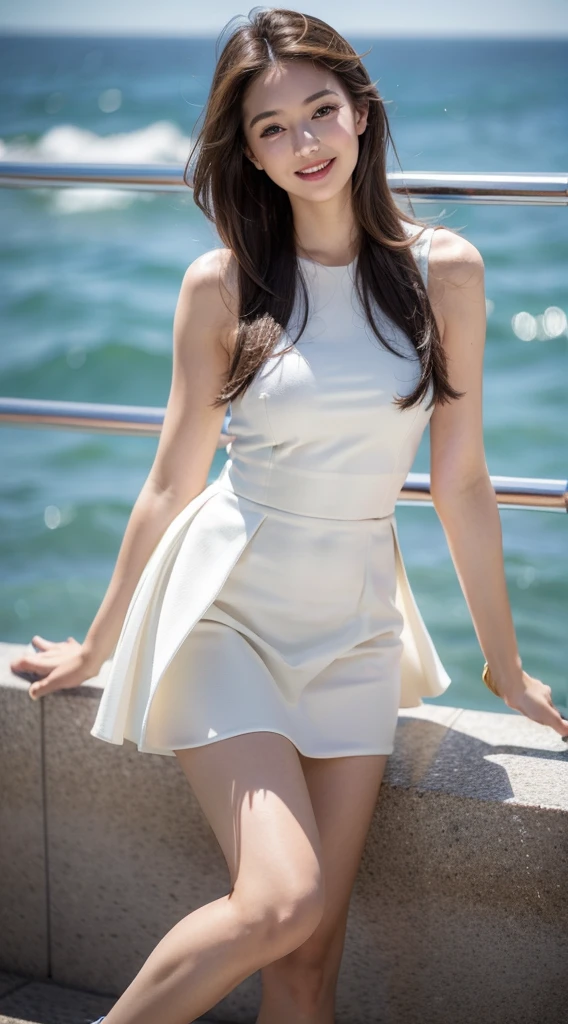 (masterpiece, top quality, best quality, beautiful and aesthetic:1.2), (1female), confident smile, extreme detailed, Wearing a short skirt,(looking at viewer:1.3),by the sea,highest detailed, elegant, graceful, stunning