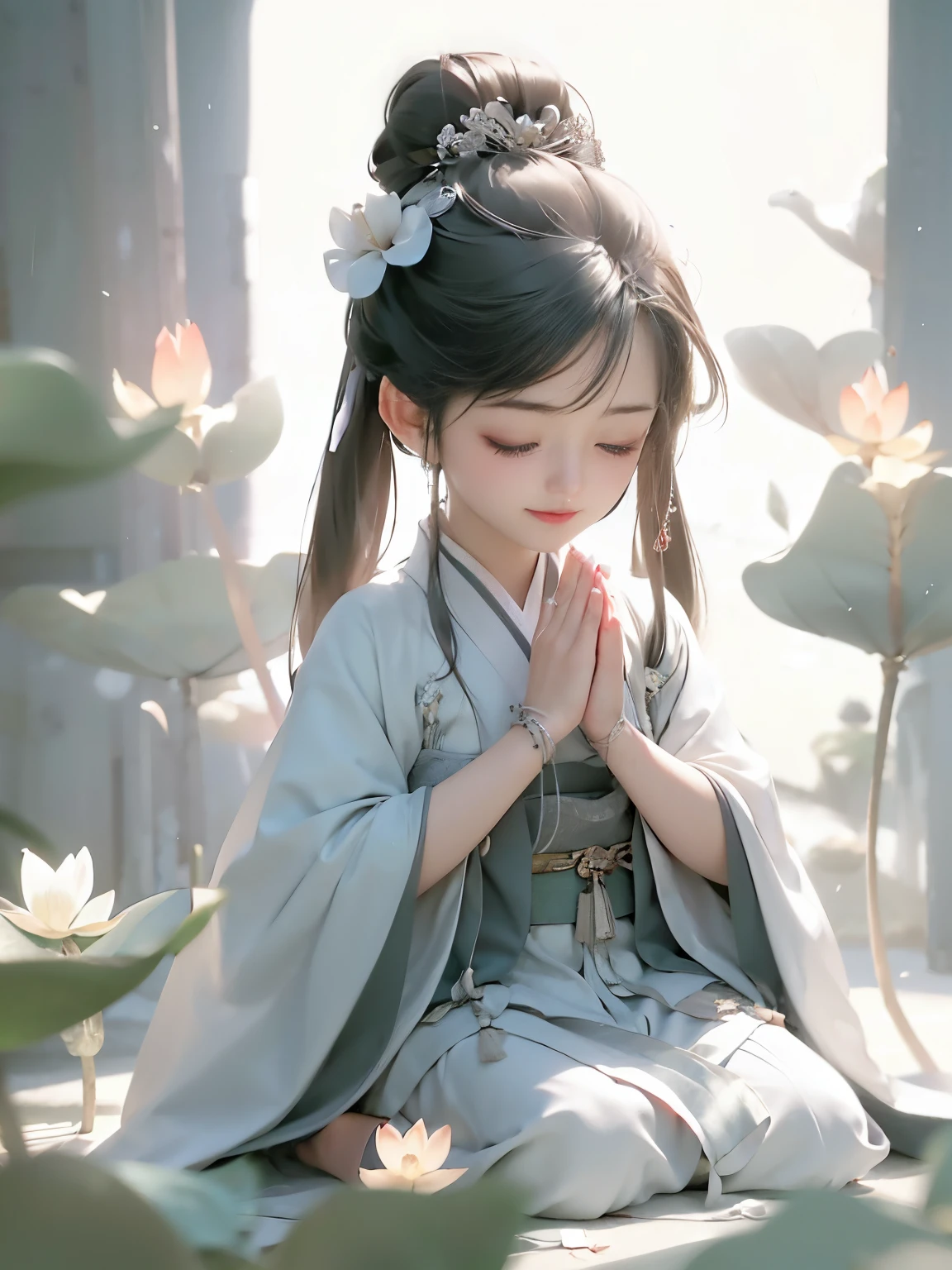 anime girl in a kimono sitting on the ground with her hands folded, artwork in the style of guweiz, guweiz, palace , a girl in hanfu, guweiz masterpiece, guweiz on pixiv artstation, guweiz on artstation pixiv, trending on cgstation, by Li Song, serene illustration, anime beautiful peace scene