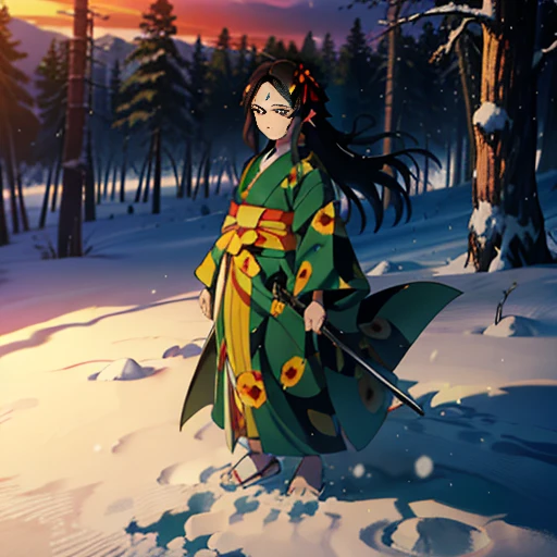 Uma garota hashira com cabelo preto e bem curto um olho verde e o outro castanho um (Kimono Robe Demon Slayer sunflower print)(com uma Katana Nichirin) (melhor qualidade) (Snow covered forest with sunset)