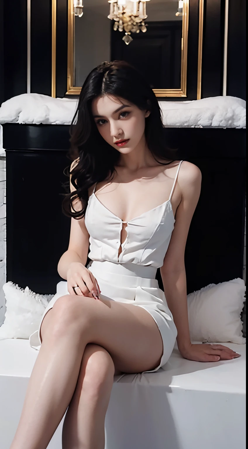 1 European and American vampire beauty:Royal sister,domineering side leak,Enchanting,Beauty model,,being thin,thin limgchest,Skin is snow-white and smooth,curlies,golden hair,Long legs,Wear black stockings on the legs,Penetrating white shirt(Short to the waist),Black hip skirt,Flame it up,seduce,sitting on an royal throne