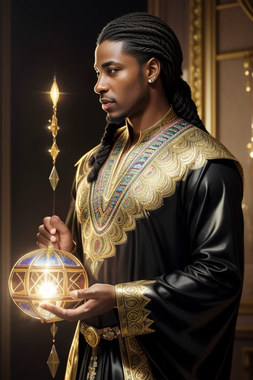 A very handsome (regal black African American man:1.5), with a dark skin tone with braids flowing back, wearing a African style clothing, pants and a Dashiki, Intricate plumage, Elaborate, hyper detailed, fantastical, 3D, rugged, Alluring, Entrancing, reflective, magical, not of this world, shimmering, glossy, intense, whimsical, gossamer, clarity, iridescent, opalescent, transparent, light particles, scattered light, composed using the golden ratio, lighting by Vladimir Volegov and Steve Hanks, award-winning, perfect composition, Handsomely lit Watercolor, trending on artstation, sharp focus, studio photo, Intricate specifics, highly detailed, by Greg Rutkowski, Broken Glass effect, no background, stunning, something that even doesn't exist, mythical being, energy, molecular, textures, iridescent and luminescent scales, Stunning elegance, Flawless excellence, divine presence, unforgettable, impressive, stunning elegance, Volumetric light, auras, rays, vivid colors reflect.
