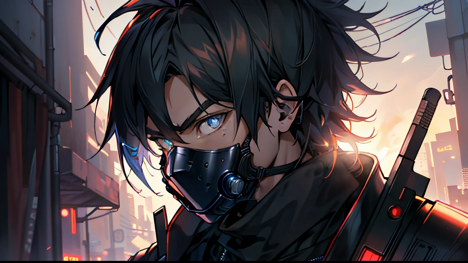 ultra detail, high resolution, ultra detailed, best quality, amazing, top quality, extremely detailed CG unity 8k wallpaper, cinematic lighting, cyberpunk, dark boy, goku gang facemask, glowing blue eyes