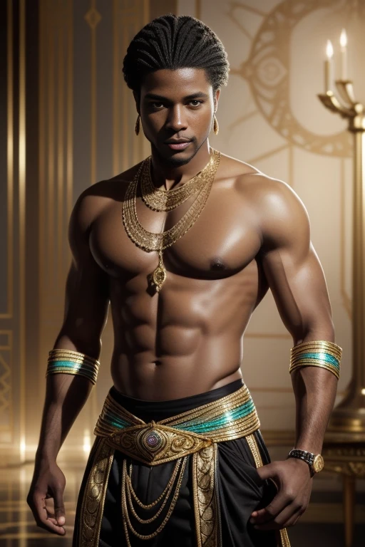 A very handsome (regal black African American man:1.5), with a dark skin tone with braids flowing back, wearing a African style clothing, pants and a Dashiki, Intricate plumage, Elaborate, hyper detailed, fantastical, 3D, rugged, Alluring, Entrancing, reflective, magical, not of this world, shimmering, glossy, intense, whimsical, gossamer, clarity, iridescent, opalescent, transparent, light particles, scattered light, composed using the golden ratio, lighting by Vladimir Volegov and Steve Hanks, award-winning, perfect composition, Handsomely lit Watercolor, trending on artstation, sharp focus, studio photo, Intricate specifics, highly detailed, by Greg Rutkowski, Broken Glass effect, no background, stunning, something that even doesn't exist, mythical being, energy, molecular, textures, iridescent and luminescent scales, Stunning elegance, Flawless excellence, divine presence, unforgettable, impressive, stunning elegance, Volumetric light, auras, rays, vivid colors reflect.