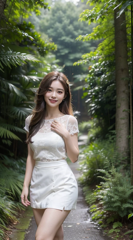 (masterpiece, top quality, best quality, beautiful and aesthetic:1.2), (1female), confident smile, extreme detailed, Wearing a short skirt,(looking at viewer:1.3), In the forest with light rain,highest detailed, elegant, graceful, stunning