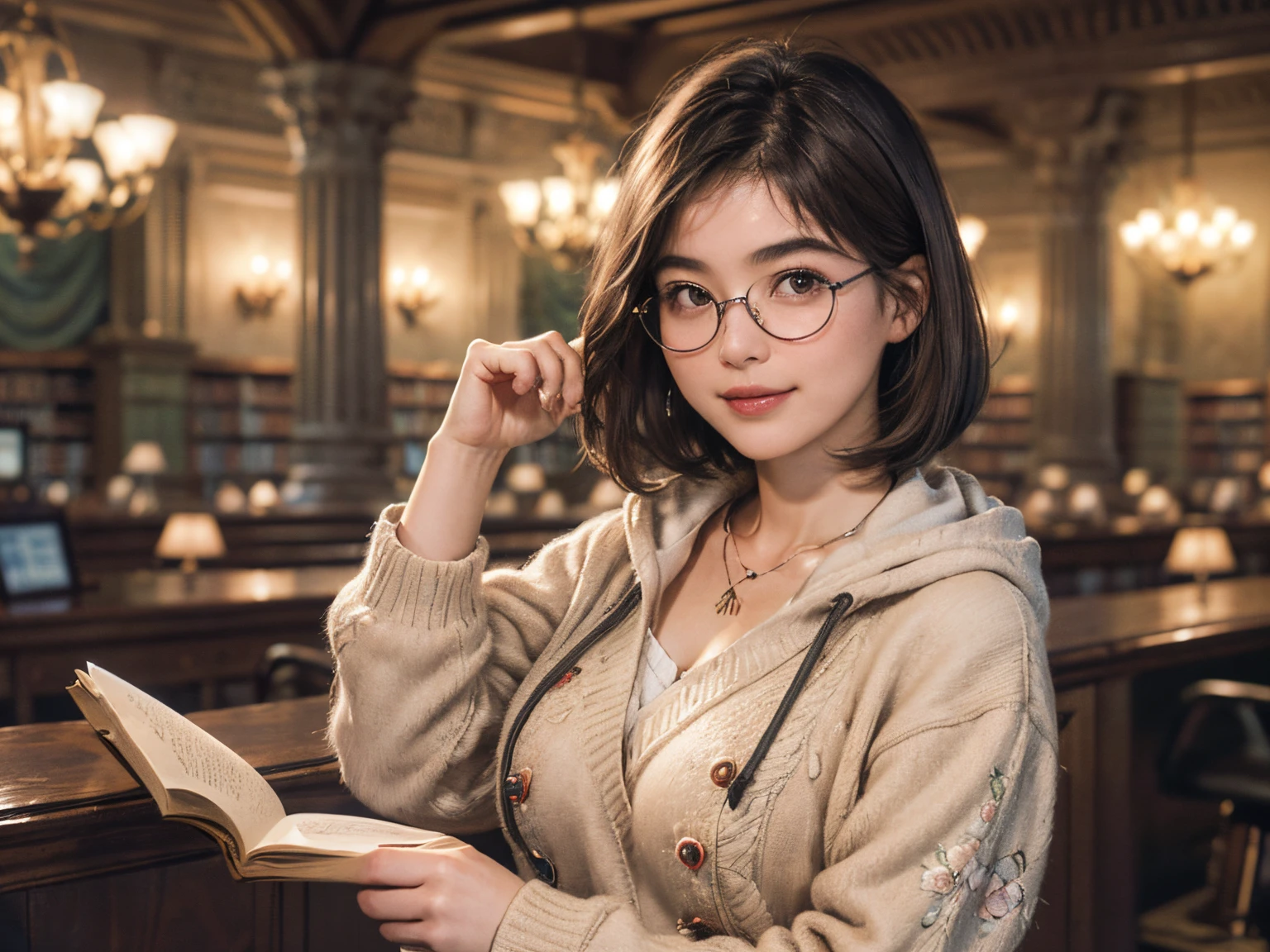 136
(a 20 yo woman,i&#39;i&#39;i&#39;i&#39;I&#39;m in a dark library), (A hyper-realistic), (high-level image quality), ((beautiful hairstyle 46)), ((short-hair:1.46)), (Gentle smile), (breasted:1.46), (lipsticks), (wears glasses,wide,atlibrary), (florals), (wearing hoodies)