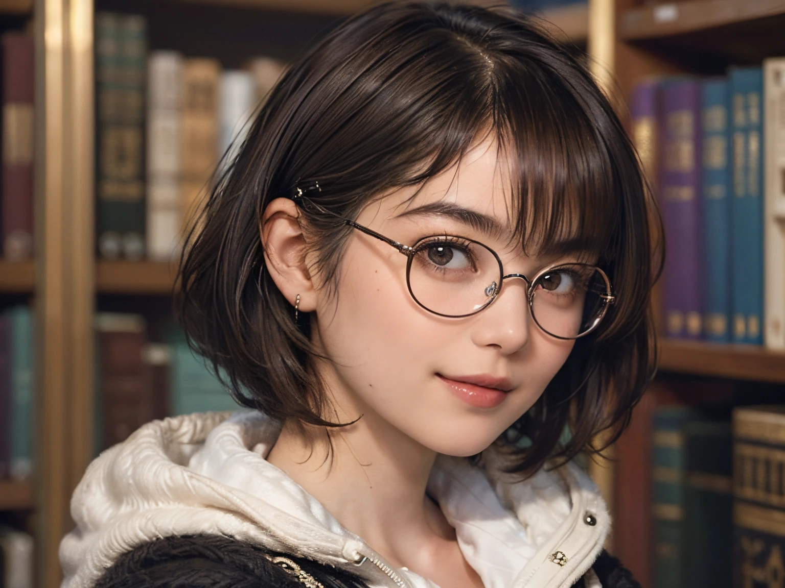 136
(a 20 yo woman,i&#39;i&#39;i&#39;i&#39;I&#39;m in a dark library), (A hyper-realistic), (high-level image quality), ((beautiful hairstyle 46)), ((short-hair:1.46)), (Gentle smile), (breasted:1.46), (lipsticks), (wears glasses,wide,atlibrary), (florals), (wearing hoodies)