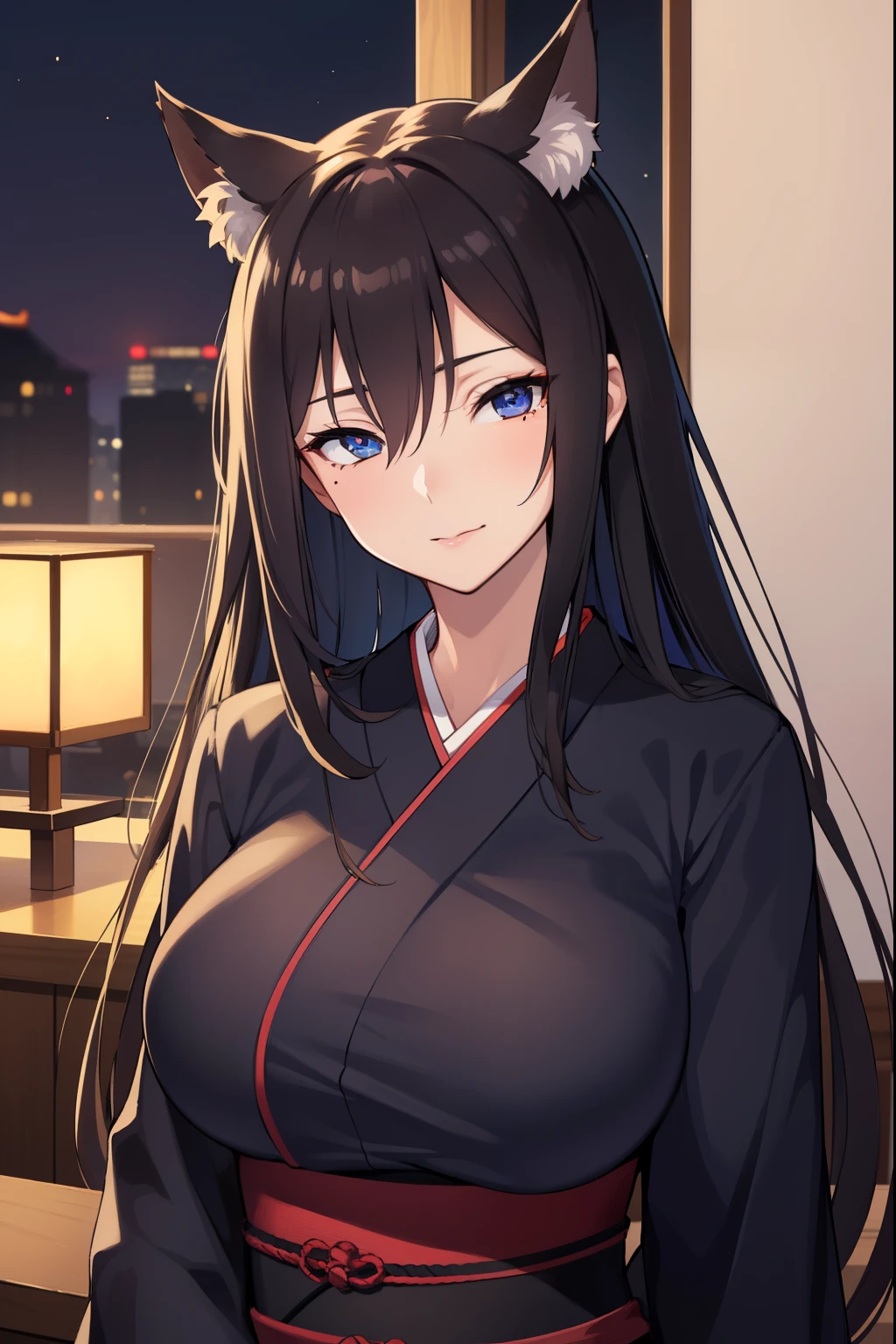 (((A MILF))), (((a matural female))), ((widow)), ((Mother)), (((Middle Aged Woman))),animal ear fluff, Animal ears, Fox ears, fox lady, ((mole under right eye)), ((lipsticks)), tail,((A dark-haired)), ((Black kimono:1.3)),  ((lipsticks)), ((Colossal breasts:1.3)),Seductive smile, ((In a Japanese-style room)),looking at the spectator, 
BREAK (masuter piece:1.2), Best Quality, High resolution, Unity 8k壁纸, (Illustration:0.8), (Beautiful detailed eyes:1.6), extra detailed face, Perfect Lighting, extremely details CG, (Perfect hands, Perfect Anatomy),((Upper body portrait))