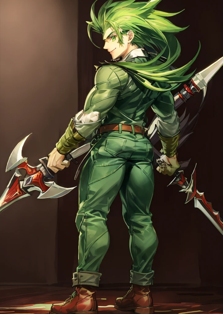 masterpiece, best quality, Highly detailed, ((1man)), (adult), green eyebrows, green hair, sting_eucliffe, {{very long raised spiked hair}}, combat boots, expressive green eyes, perfect face, smile, {{massive body builder body}}, {tall}, (wears leather green jacket and jeans), gigantic battle spear hammer axe, ((full body)), {{{{back view}}}}