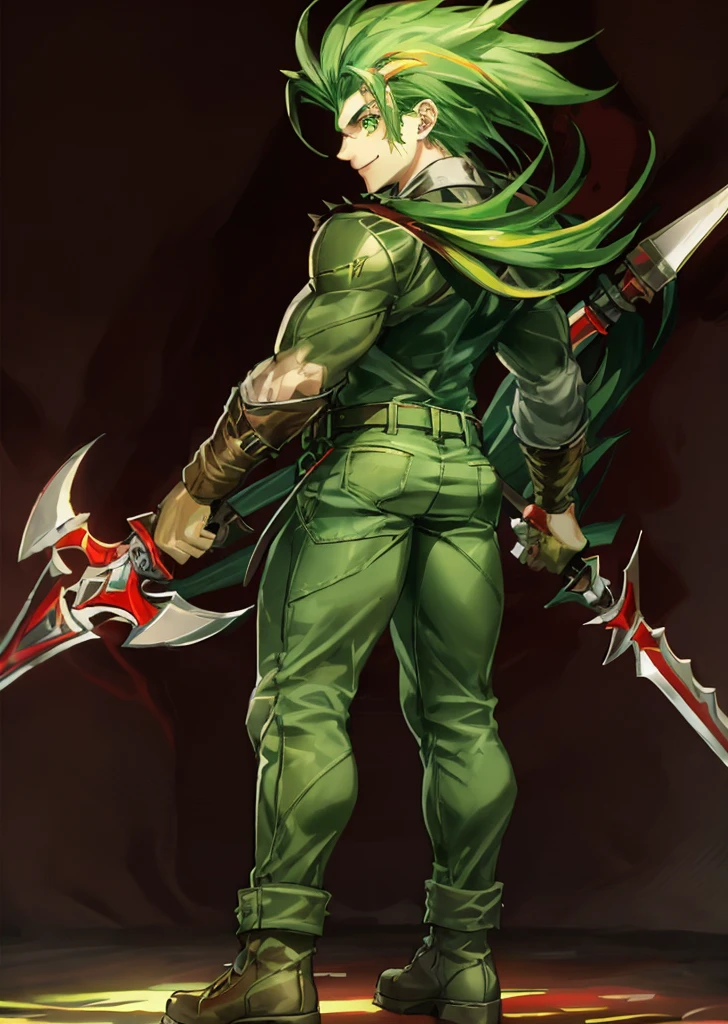 masterpiece, best quality, Highly detailed, ((1man)), (adult),  green eyebrows, green hair, sting_eucliffe, {{very long raised spiked hair}}, combat  boots, expressive green eyes, perfect face, smile, {{massive body builder body}}, {tall}, (wears leather green jacket and jeans), gigantic battle spear hammer axe, ((full body)), {{{{back view}}}}