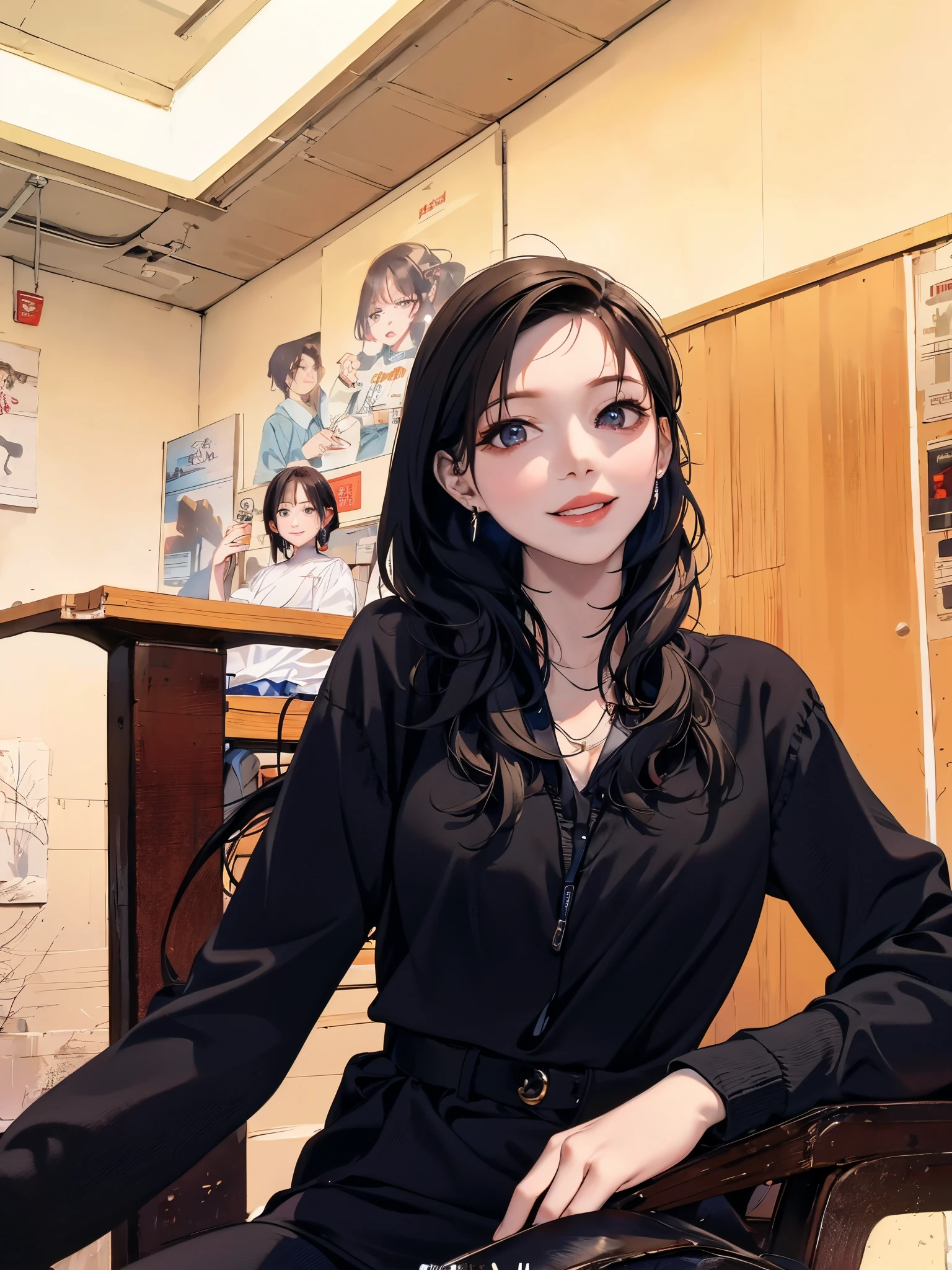 There is a woman sitting at the table，With a cup of coffee in his hand, Cui Xianhua, wenfei ye, xintong chen, jiyun chae, yun ling, Lee Ji-eun, lee ji eun, louise zhang, qifeng lin, chengyou liu, li zixin, Xision Wu, Wearing a black noble suit, Nam Jae-yeon