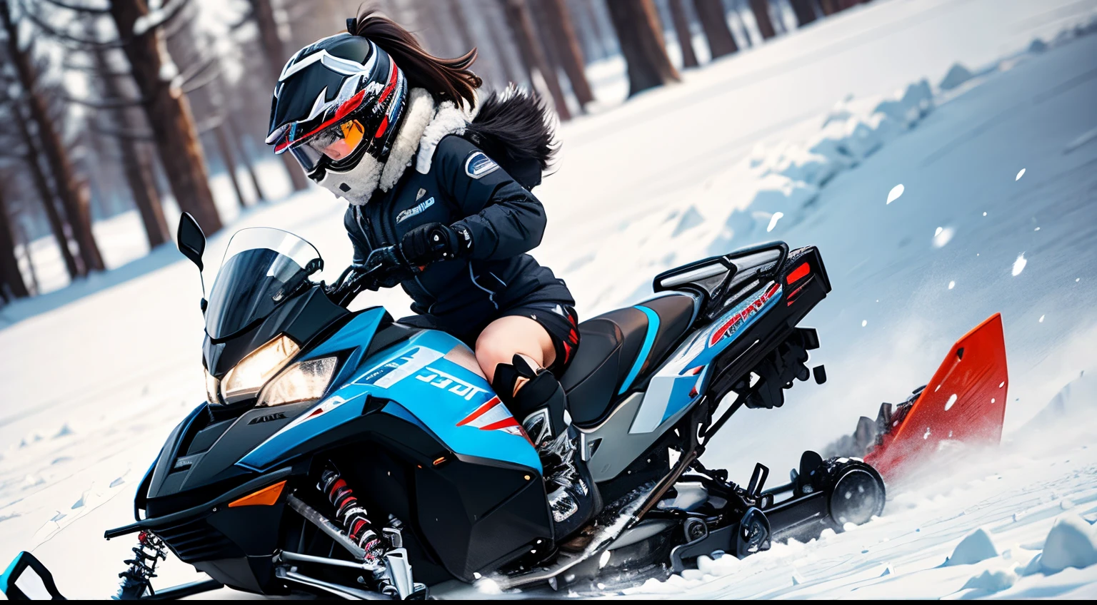 Snowmobiling Anime Girl with blue-grey eyes, dark brown hair
