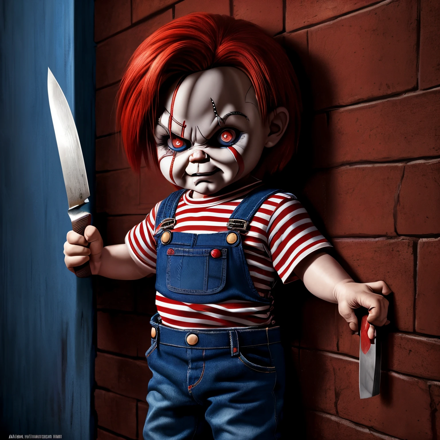 The image shows a scary Chucky doll leaning against a wall with a knife in his hands while trying to be sneaky. He is wearing a red striped shirt and blue jeans with a scary facial expression on his face artgerm, arte digital, pintura, vista de cerca, cinematic and soft lighting