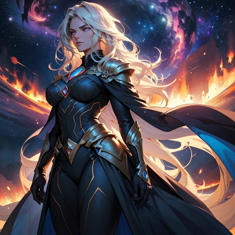 with flowing glowing hair, intense eyes and a majestic cape. Standing against a backdrop of stars and galaxies, she emanates power and mystery. The artwork is rendered in a highly detailed and realistic style with vibrant colors and rich textures. The lighting accentuates the dark and atmospheric mood of the scene, casting dramatic shadows and highlighting the intricate details of her costume and features. The overall composition exudes a sense of cosmic energy and otherworldly presence, capturing the essence of a chaotic villain from the planet Krypton.