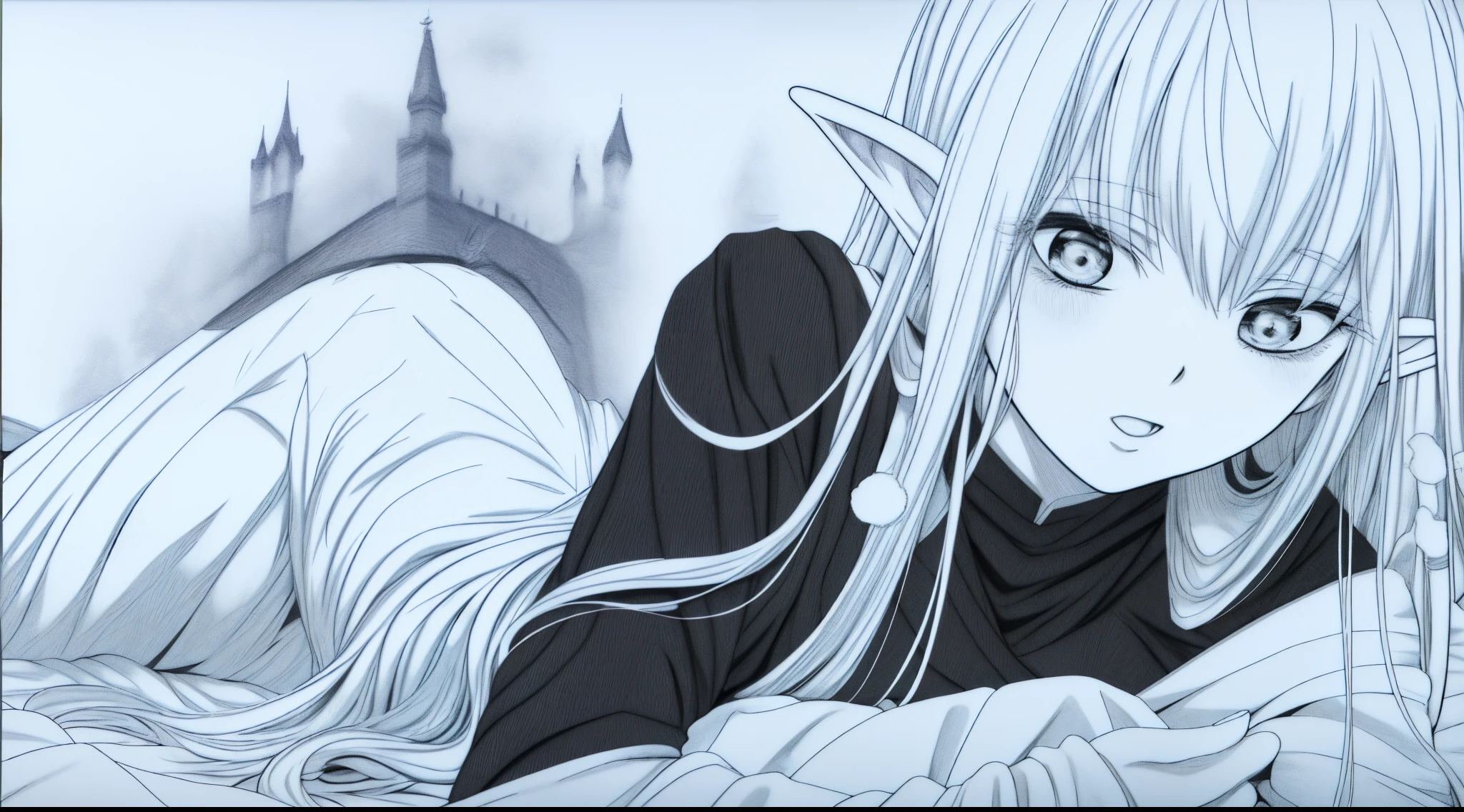Menina anime deitada na cama com os olhos fechados, black and white manga panel, black and white manga page, detailed manga style, em Berserk Manga, black and white manga style, castle scene manga, black and white manga, tinta extremamente fina lineart, hyper detailed manga drawing, black and white manga comic, berserk manga, Manga Illustration, manga scans