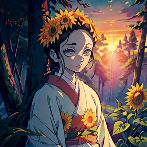 Kimetsu no estilo yaiba, 1girl, solo, Olhos negros, cabelos pretos e bem curtos, very short short hair kimono sunflower print Obi belt, ((master part)), ((retrato de um)), sunflower's breath (hashira) (best quality)(Snow covered forest with sunset)