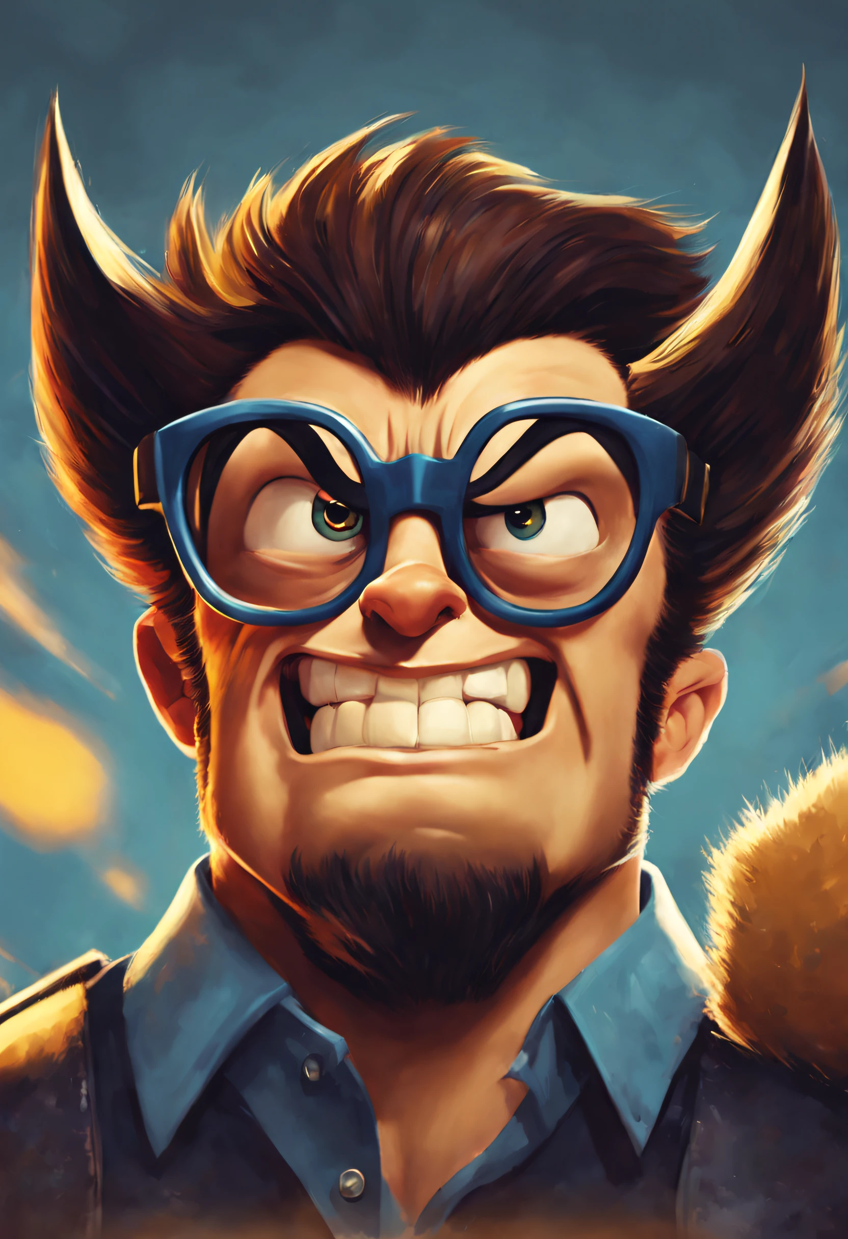 estilo poster de filme pixar, Wolverine oculos redondos, falando eloquentemente, cabelos castanhos e ondulados,