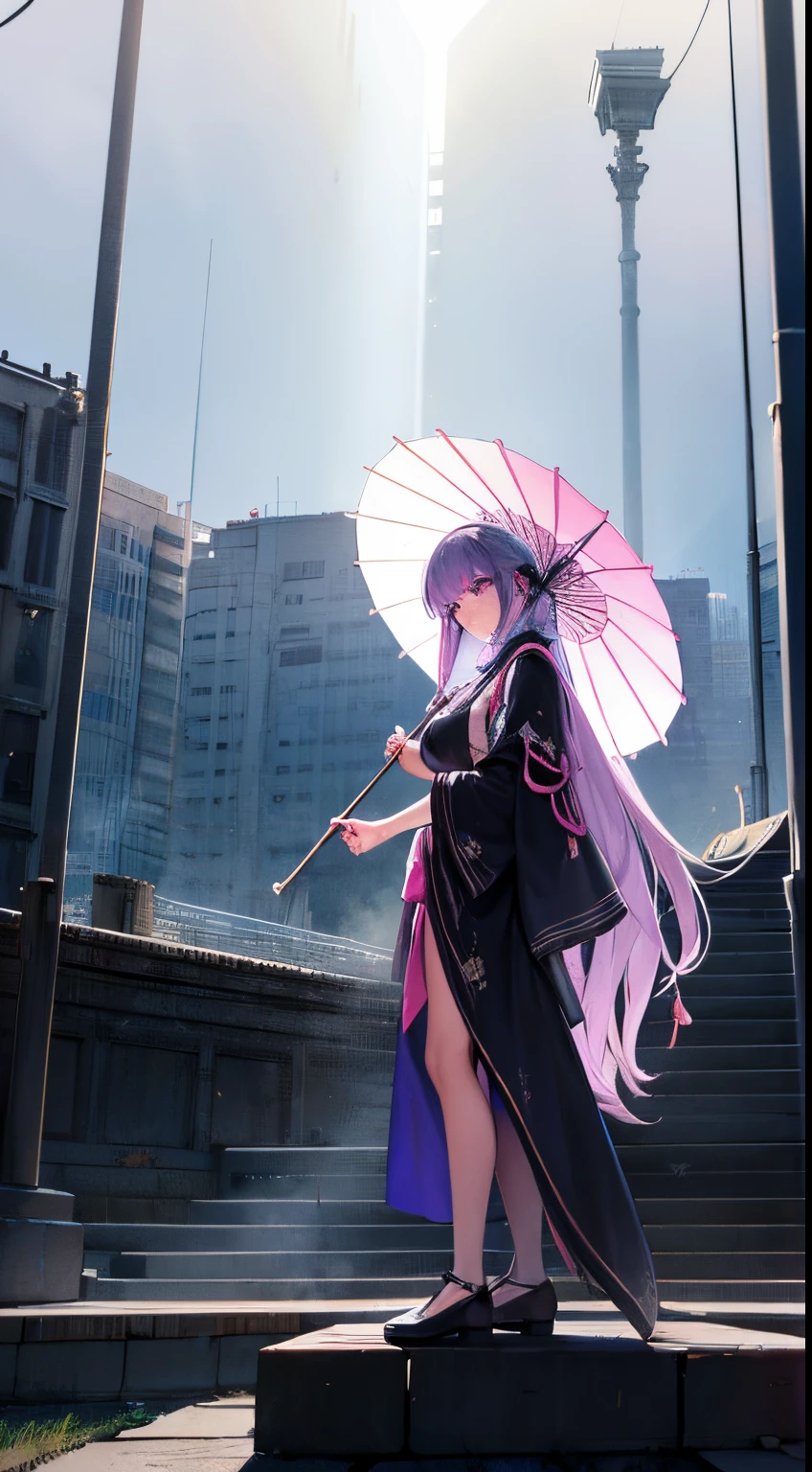 best quality, masterpiece, Anime Chorus of the Prisms - Girl, android girl, long hair, emerald hair, pink eyes, luminous eyes, medium breasts, black haori, lilac translucent fabric, lilac hair ornaments, black shoes, lilac fabric umbrella, long legs, pink ruffles, lilac ribbons, uphill stone path, gray skies, fog, the ruins of a future city, sun rays