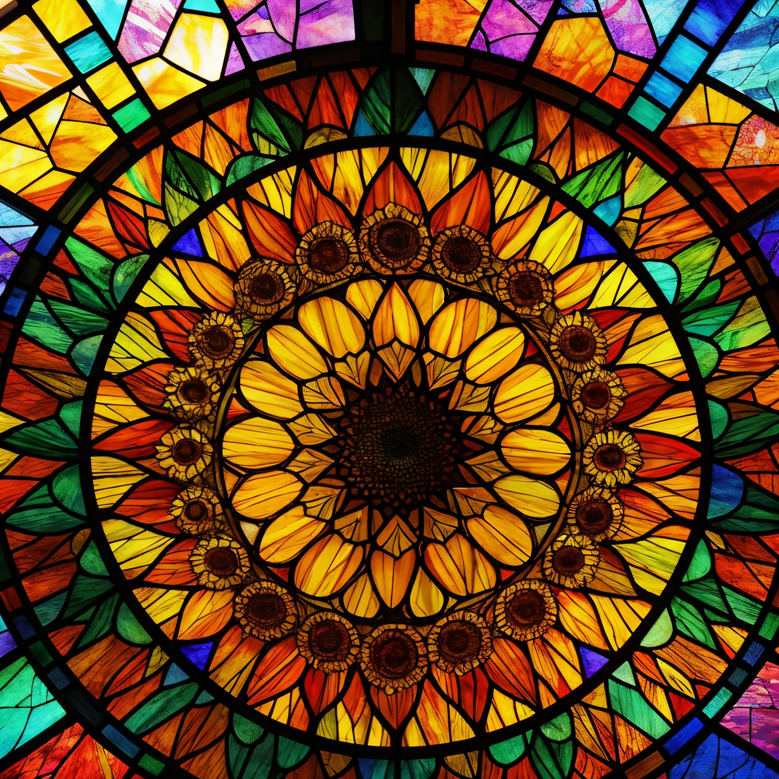 super high quality, A single sunflower, expressed with stained glass and kaleidoscope, abstract and artistic style