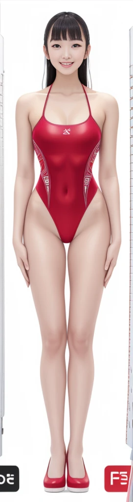 on the white background，a tall and beautiful chinese girl，with fair skin，Toothy smile，Hefty Smile，When you laugh, Your eyes are crescent-shaped，blunt bangs, hair straight，Wear a one-piece swimsuit and pumps，Swimsuits are decorated with joyful patterns, standing straight，stand firm，hands on sides，Symmetrical distribution，Ray traching，All shaded areas, led floodlights, forward light, 1.4x True-to-life Ultra HD
