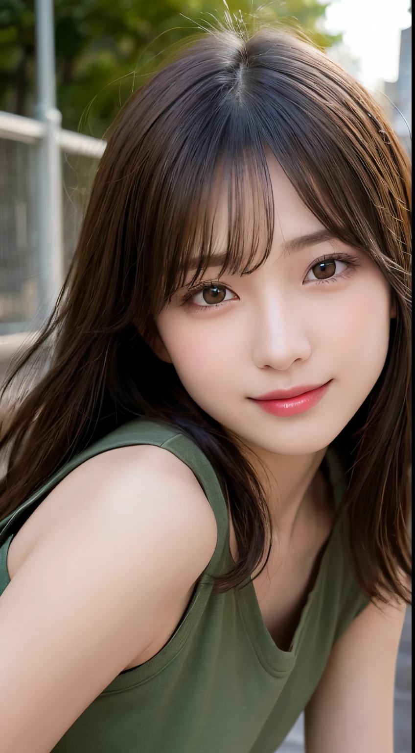 finely detail, hight resolution, hightquality、Perfect dynamic composition, Beautiful detailed eyes, Medium Hair, small tits、Natural Color Lip,Kamimei、Shibuya、20 years girl、1 persons、Transparent skin、Glowing hair、A smile、masutepiece, Best Quality, Illustration, Ultra-detailed, finely detail, hight resolution, 8K、The correct state of the human body、crouching down、Gravure Model Pose,Hair soaring in the wind,Beautiful detailed face
