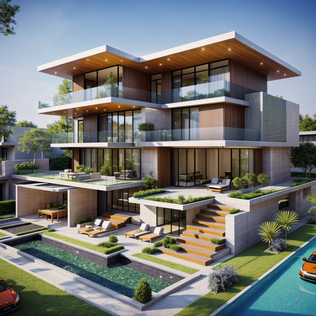 Perspective of a modern house with a large enough front yard, main materials are light yellow walls, stone and wood, a road running in front of the house, (RAW photo, real, best quality, masterpiece: 1.2), current view modern minimalist, 1 street in front of house, shime ring light, indoor brightness:1.2, dynamic lighting:1.3, (hyper-realistic, photo-realistic:1.2), high quality, daylight, contrast high:0.5 perfect light, Archdaily, contemporary masterpiece award, award winning contemporary, beautifully designed masterpiece, spacious modern mansion, modern neo-traditional, wide angle exterior 2022 , mid-century modern, contemporary home, stylish modern feel, long front view, award-winning modern design, stunning lines, residential, exquisite details, indoors gently:1.3