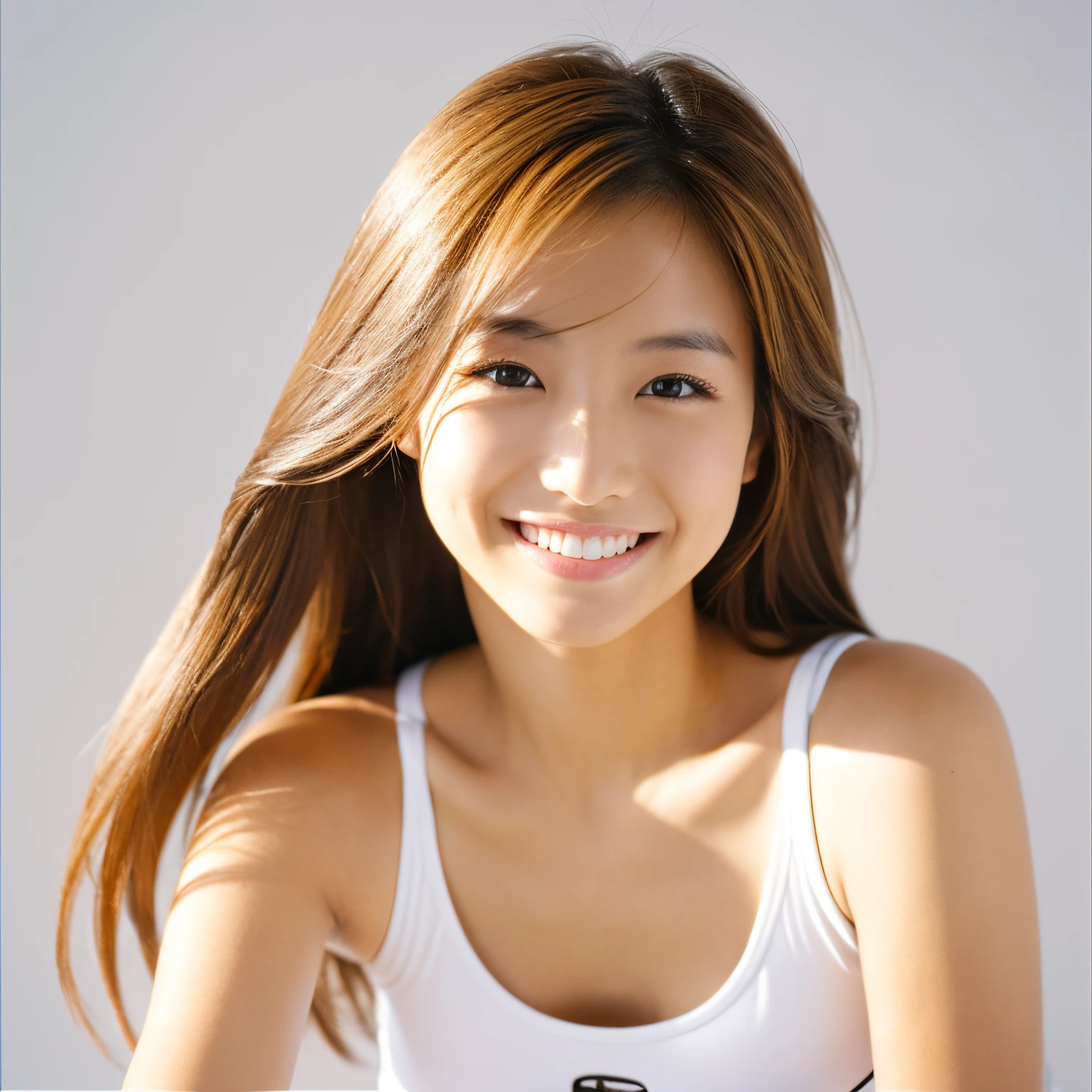 Top quality, 1 beautiful Japanesewoman, age 20 white sports bra smile, 35mm lens, f/1, (white background: 1.3)