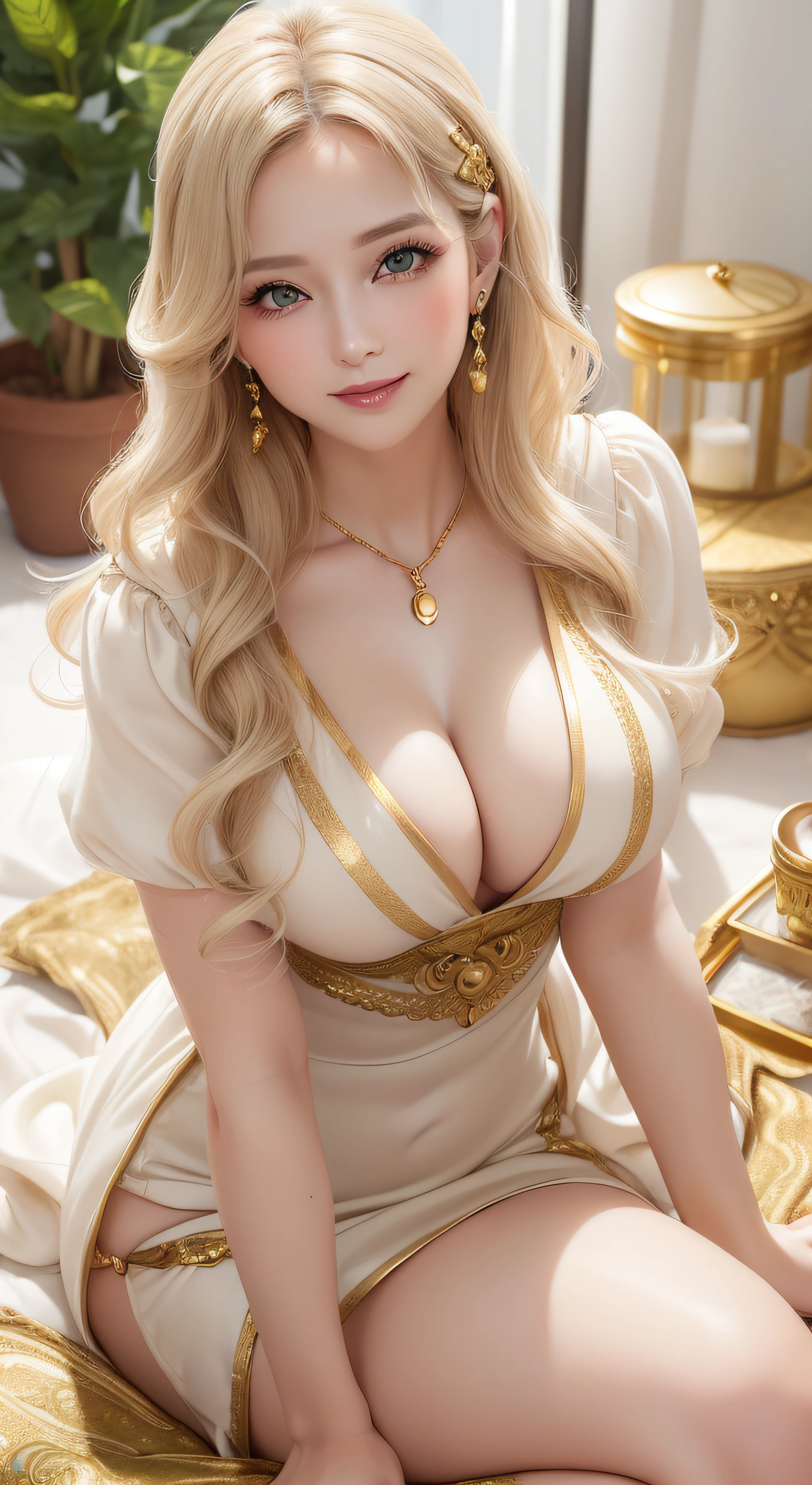 Female((35year old)), hair((wavy, gold)), eyes((smart eyes, green eyes)), clothes((silk, mini dress, cream, cream)), accessories ((hair ornamentig boobs, korean make-up look, smiling, classic work space