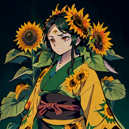 Uma garota com cabelo preto e bem curto um olho verde um (Kimono Robe Demon Slayer sunflower print)(com uma Katana Nichirin) (melhor qualidade) (hashira) ((sunflower breath Kimono Cloak Demon Slayer))