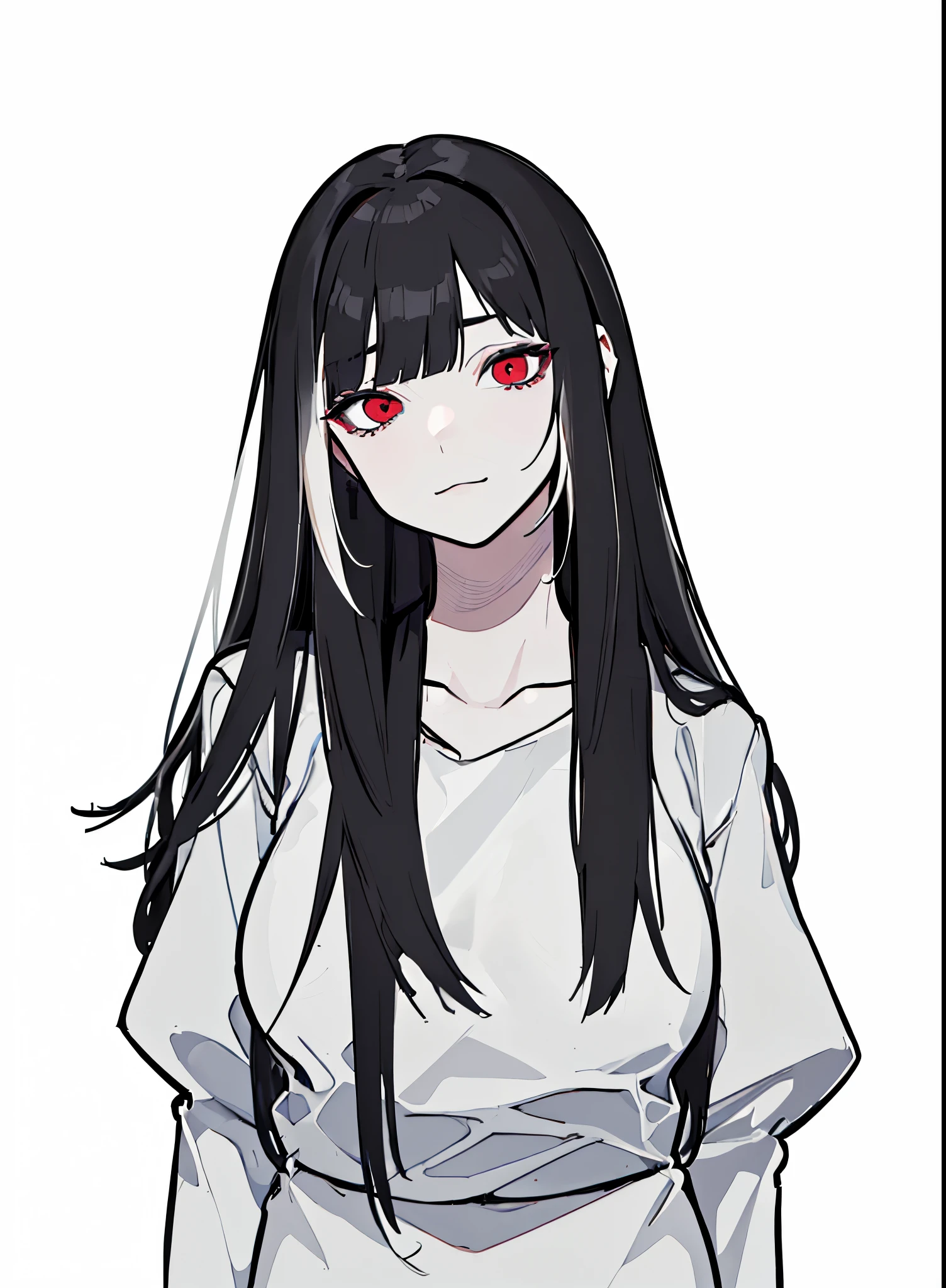 style of painting,(empty background),((Flat chest)),(Front Portrait), (Black and whature Women,((Microthorax)),(High cold),Hey, hey, smile,monochrome, blank stare, dead fish eyes, cool beauty,half lidded eyes, indifferent expression, black and white portrait, bored, impassive, loner,(Alone),Wispy bangs,Textured straight,Above the waist,((White Hair)),(Red Pupil),((White Shirt)),Shirt,Wispy bangs