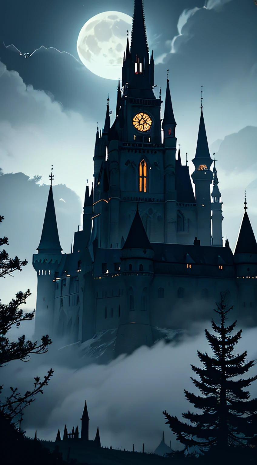 Gothic castle in the distance、a moon、nearby cemetery、Foggy sections,a sense of atmosphere,terror,Bat fly,dimly lit