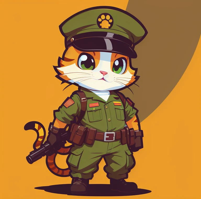 Wearing a commander's hat,Cat wearing commander clothes, Mascot illustration, army mascot, clean cel shaded vector art, art-style, full body mascot, Official character illustrations, Cute characters,comic character design,High quality character design。