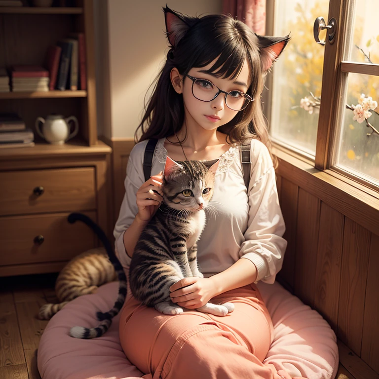 Peach blossom, kitten wearing a pair of glasses, brook