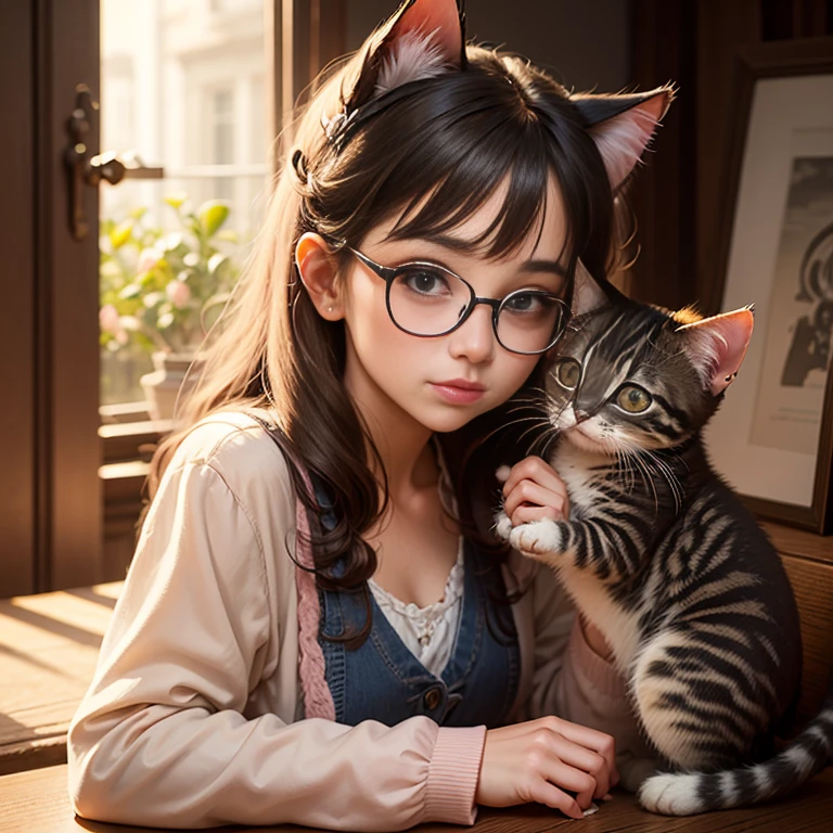 Peach blossom, kitten wearing a pair of glasses, brook