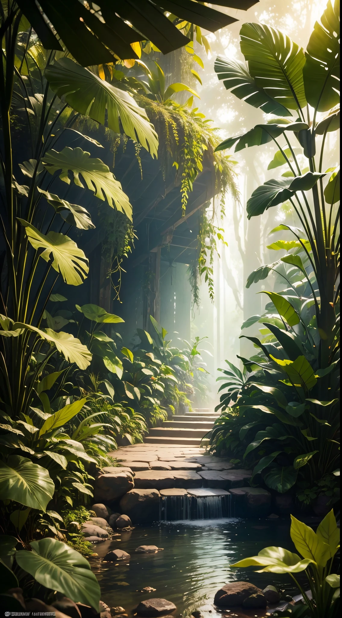 sala de jogos, Landscape, Natureza, Of a dense jungle full of exotic plants, beautiful lighting, (master part, best quality, Altas, UHD, profundidade de campo, 4k, RTX, HDR), hyper realistic, 8k UHD, DSLR, alta qualidade, Cinematic light, Amazing, ray tracing,
