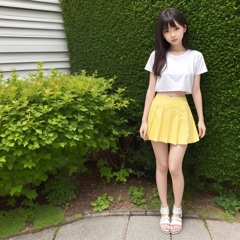 Innocent thin Japanese beautiful girl,High r,detailed bodyline,thin beauty,lean body,Small,Smaller chest,big breasts thin waist,Full body shot,fully body photo,Standing,Rest your feet,white sandals on feet,Yellow T-shirt,Red miniskirt,A hedge of black-and-white leaves