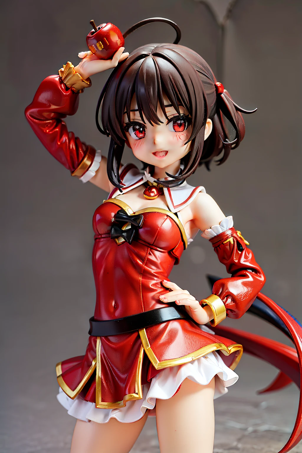 Megumin, magical girl style, apple core, poses dignas, Chinapunk, feminilidade suaves, red eyes, cabelos curtos e castanhos.