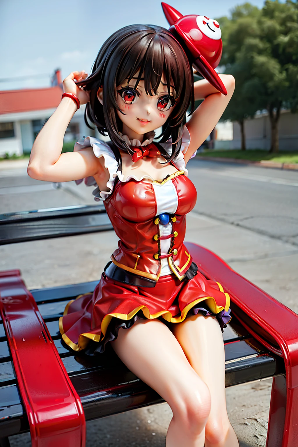 Megumin in a clown costume on a bench near a house with a clown mask, magical girl style, applecore, poses dignas, chinapunk, feminilidade suave,red eyes, cabelos curtos e castanhos.