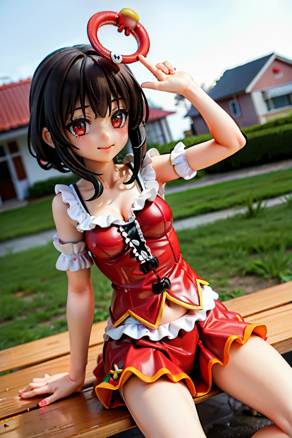 Megumin in a clown costume on a bench near a house with a clown mask, magical girl style, applecore, poses dignas, chinapunk, feminilidade suave,red eyes, cabelos curtos e castanhos.