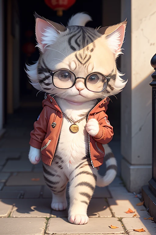 c4tt4stic, A cute kitten wearing a pair of glasses,Walking on the pedestrian streets of Zhengzhou（Munchkin cat appearance detailody hair is light gray,、Short legs）, without background