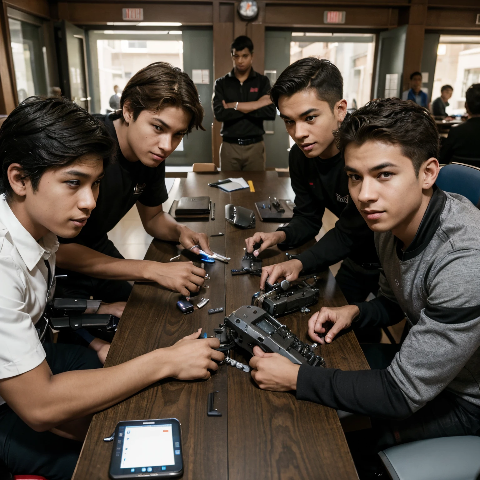 Meanwhile, on the opposite side of the table, a team of boys, equally diverse in appearance, demonstrates their proficiency in technology, mechanical skills, and strategic planning. Some of them lean back in their chairs with a confident smirk, while others exchange intense gazes, exemplifying their commitment to the heist.