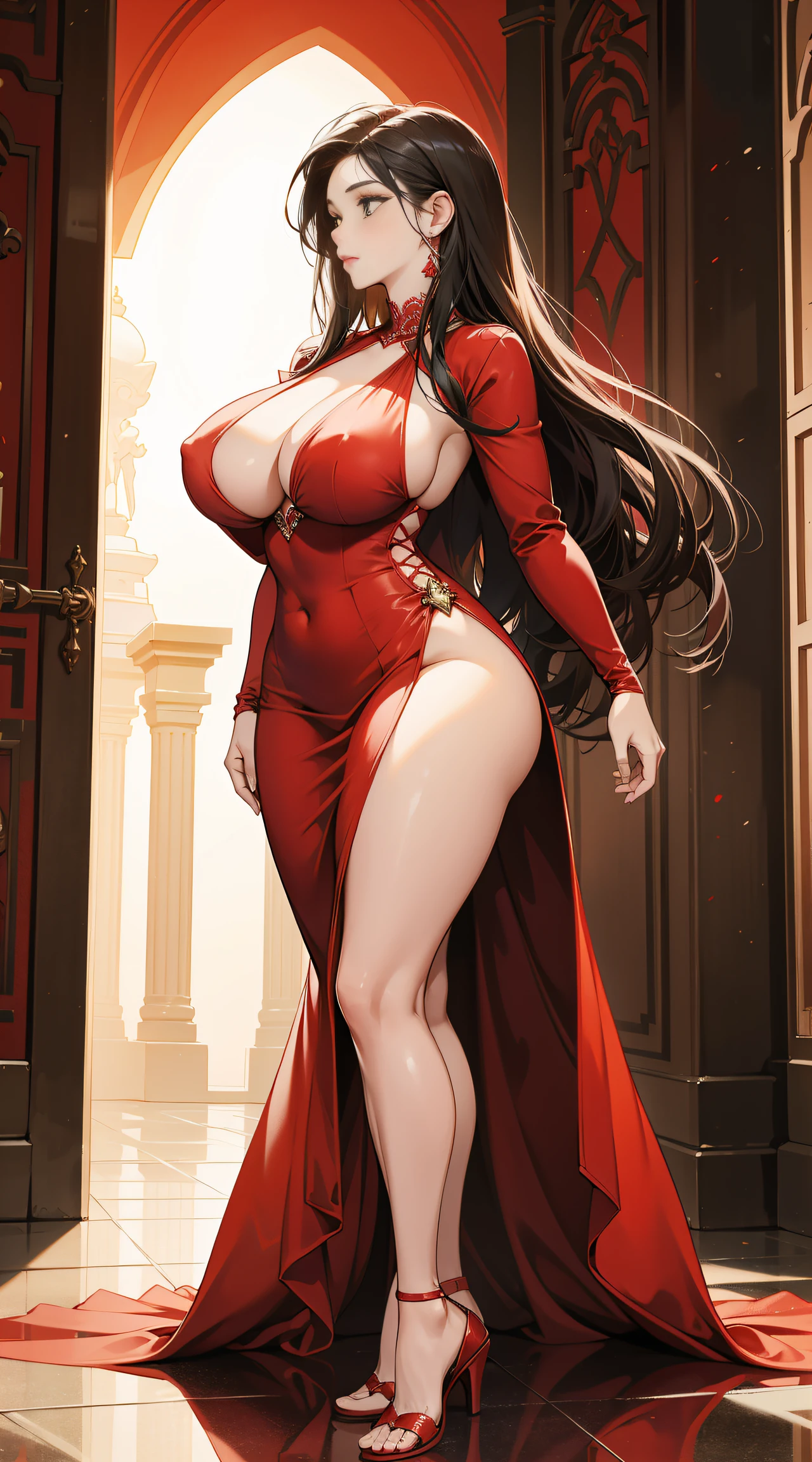 araffe woman in a red dress, magical outdoor location, lorena avarez, perfect body, green eyes, in a red dress, sexy red dress with massive slit in the centre revealing sexy legs, wearing a longv red dress, wearing a long red dress, tight dress, curvy hourglass figure, woman wears a long red dress, curvy model, long red dress, irina nordsol kuzmina, profile pic, curvy figure, huge breasts, tall, sexy pose.