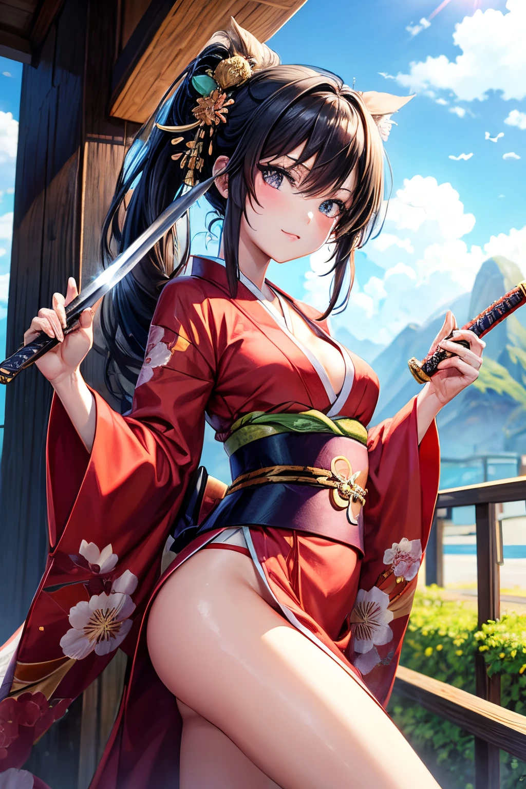 petite hot sexy anime girl with a sword wearing a kimono spring