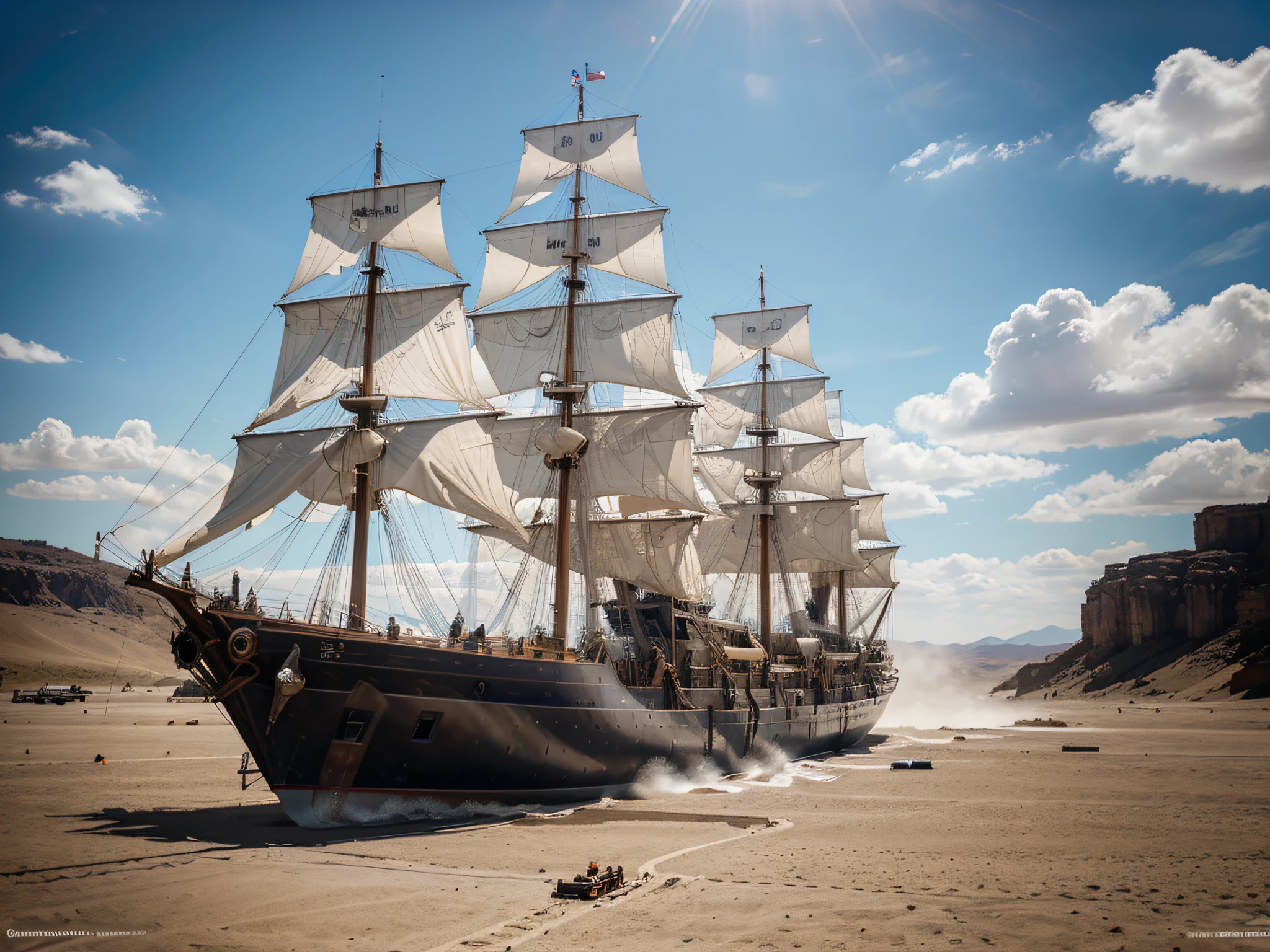 8K, fotorealistisch, hochwertig, Detailliert, Genaue Darstellung, oft Beleuchtung,high sharpness, Steampunk Ein viermastiges Segelschiff, that sails in a desert. With wheels on the bottom and large airplane wings on the sides. The ship has a massive cannon on the bow, nach vorne zeigend. Am Heck befindet sich ein Auspuffrohr, aus dem Dampf austritt, und ein leistungsstarker Benzinmotor ebenfalls am Heck.